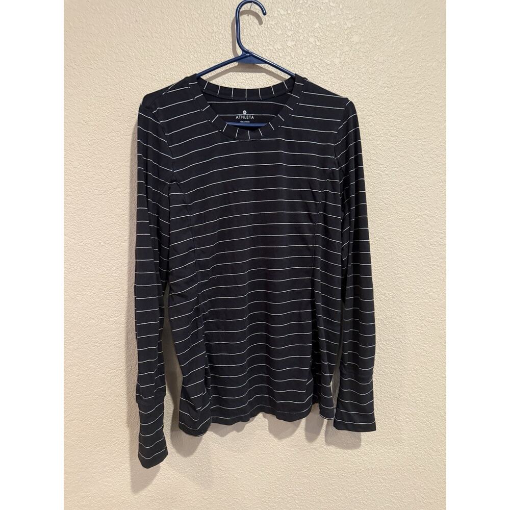 Athleta Take The Heat Black White Striped Long Sleeve Top Thumb Holes LG Women’s